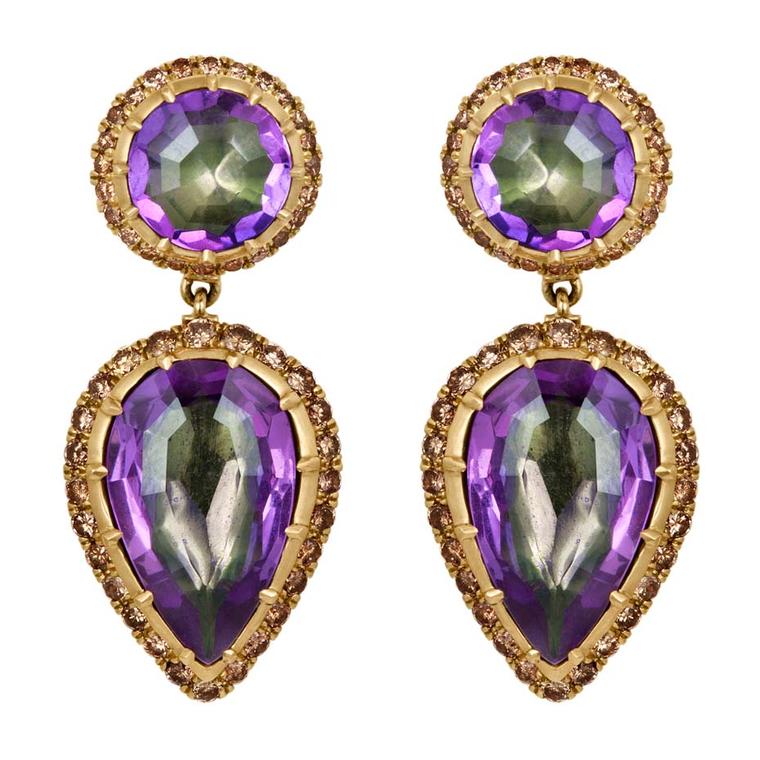 Larkspur & Hawk Caprice Wren amethyst earrings in rose gold with Verbena foil and diamonds ($9,900).